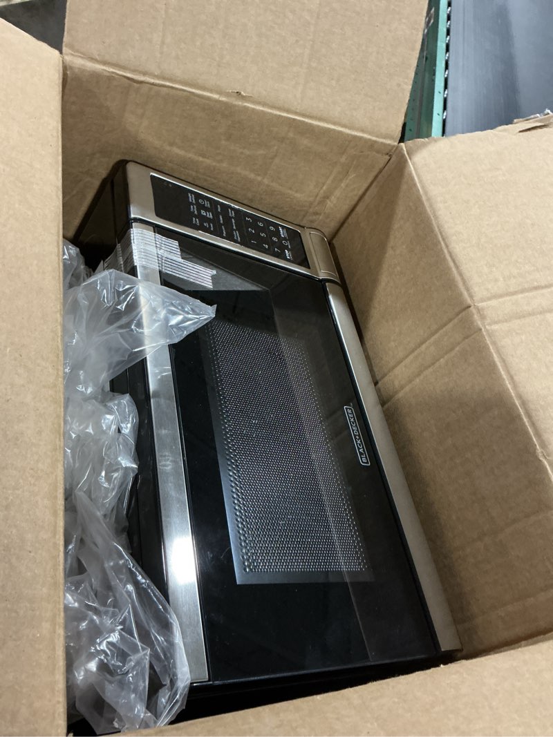 Condition photo showing As Is for BLACK+DECKER EM720CB7 Digital Microwave Oven with Turntable Push-Button Door, Child Safety Lock, 700W, Stainless Steel, 0.7 Cu.ft