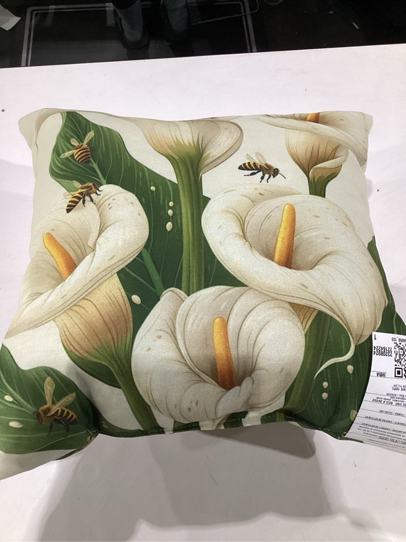Condition photo showing Good Condition for Calla Lily Flower Blooming With Bees Around Graphic Throw Pillow 16x16