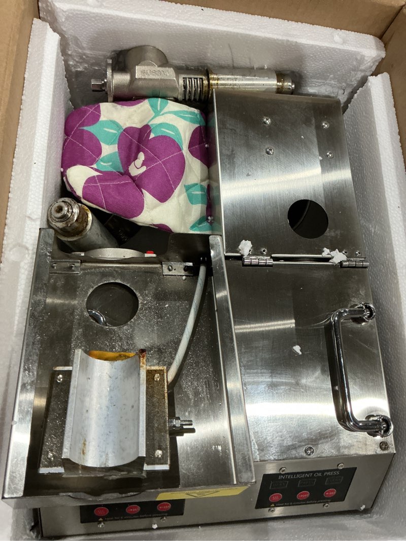 Condition photo showing As Is for 1500w oil press machine with double oil outlets, automatic commercial oil expeller extractor stainless steel oil presser pressing mill maker machine for commercial domestic use, 110v silver