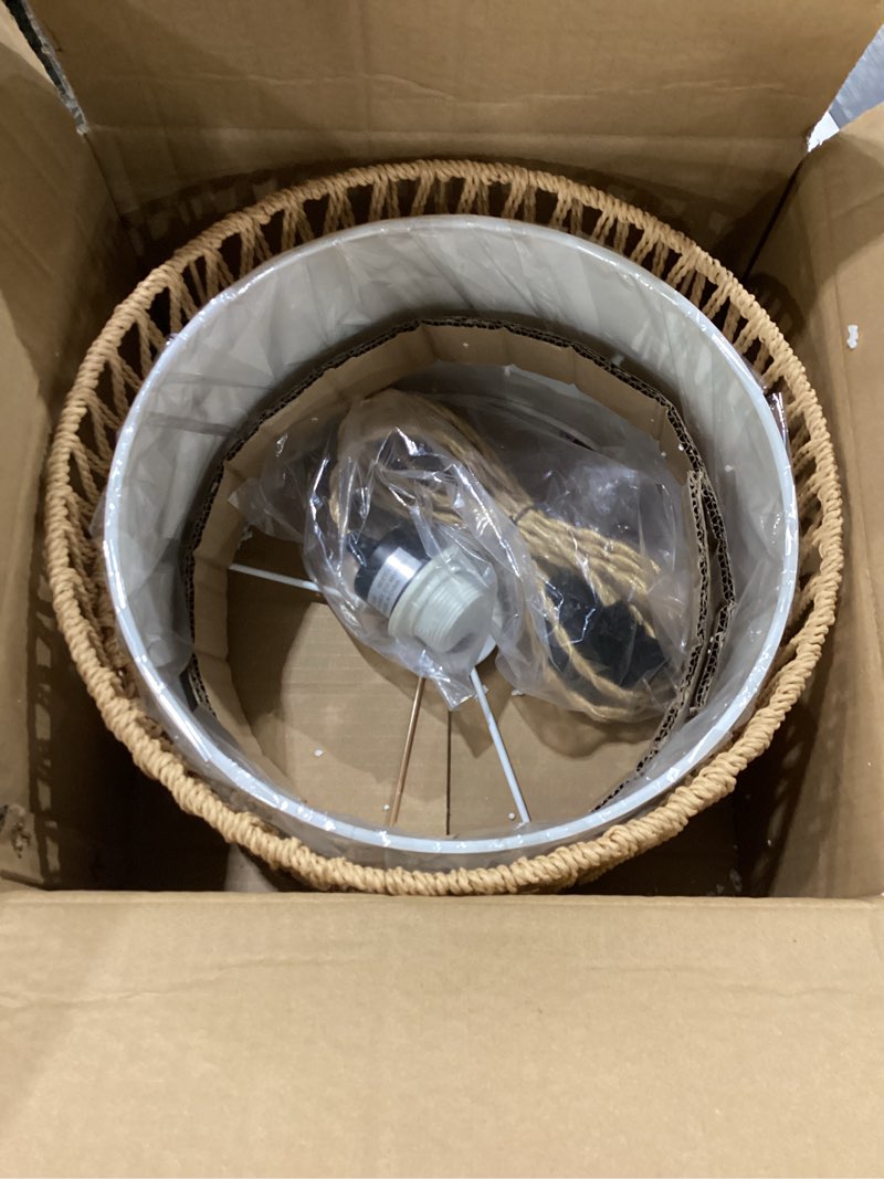 Condition photo showing New/Like New for huismier plug in pendant light with hand woven rattan lampshade, dimmable hanging lamp with 15 ft plug in cord, boho pendant light fixture for bedroom kitchen island dinning table beige drum