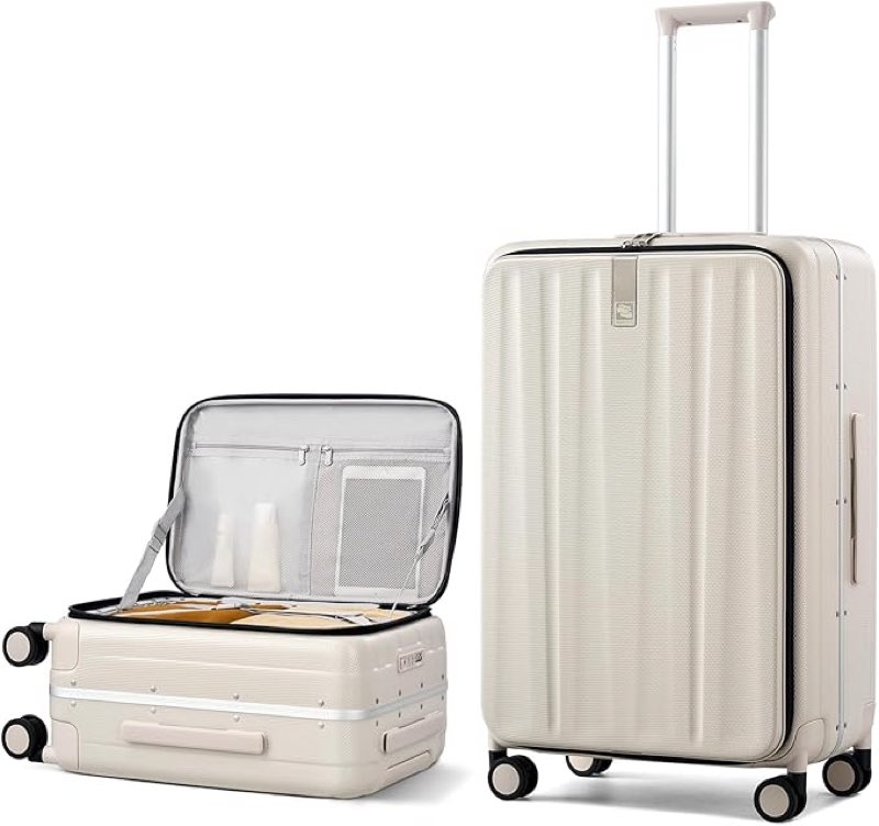 Hanke 26 Inch Large Luggage Suitcase Top Opening Aluminum Frame Travel Luggage Hard Shell Suitcases with Wheels for Woman Men.(Ivory white)