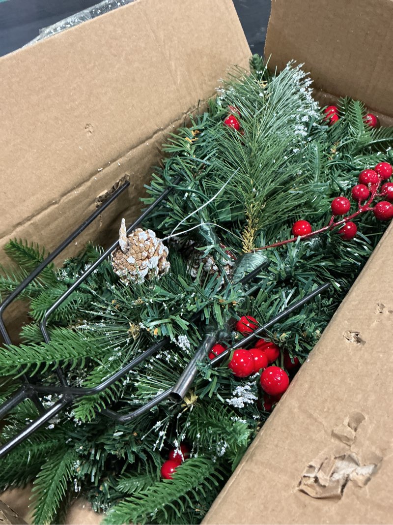 Condition photo showing As Is for prelit christmas urn planter fillers with cones golden & red berries and 60 led lights