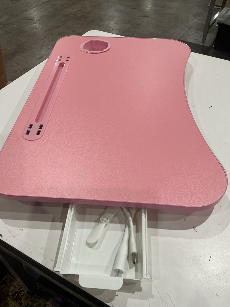 Condition photo showing As Is for slendor lap desk with tablet slot, foldable laptop table with storage drawer for bed?portable bed desk for laptop, computer tray with cup holder notebook stand reading holder for couch floor, pink