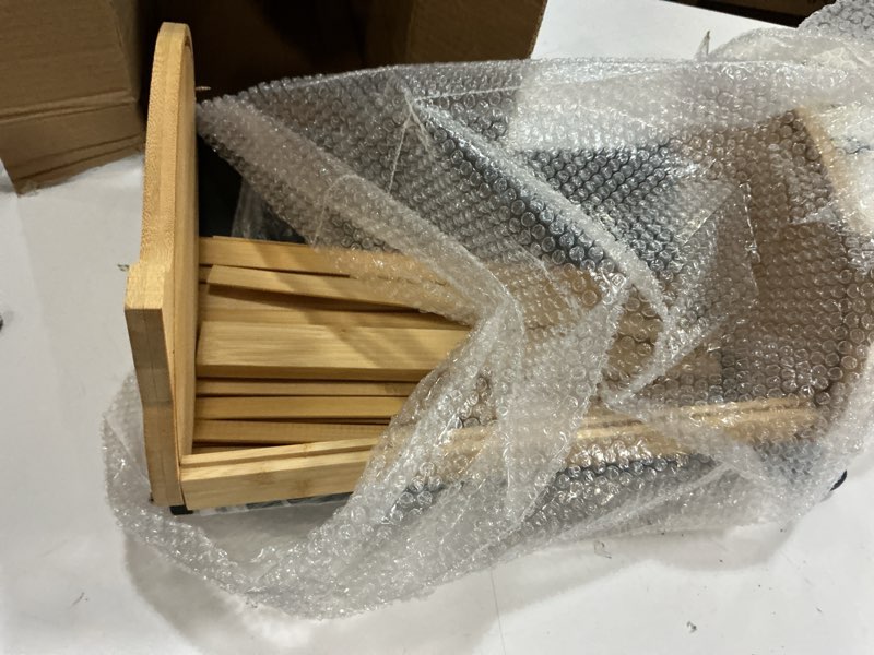 Condition photo showing As Is for Modern Bread Box for Kitchen Countertop, Bamboo Storage Container with Stainless Steel Lid, Bread St