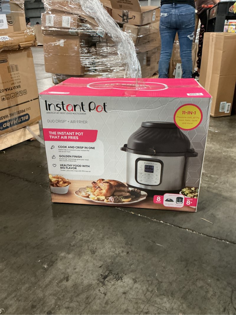 Condition photo showing As Is for instant pot duo crisp 11-in-1 air fryer and electric pressure cooker combo with multicooker lids that fries, steams, slow cooks, dehydrates,free app with over 800 recipes, black/stainless steel, 8qt