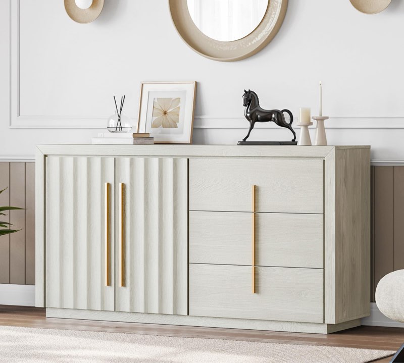 BELLEZE Sideboard Buffet Cabinet with Storage, Buffet Table with 3 Drawers and 2 Doors Storage Cabinet with Rose Gold Handles and Adjustable Shelves for Dining Room Living Rooms (Libra - White Sand)