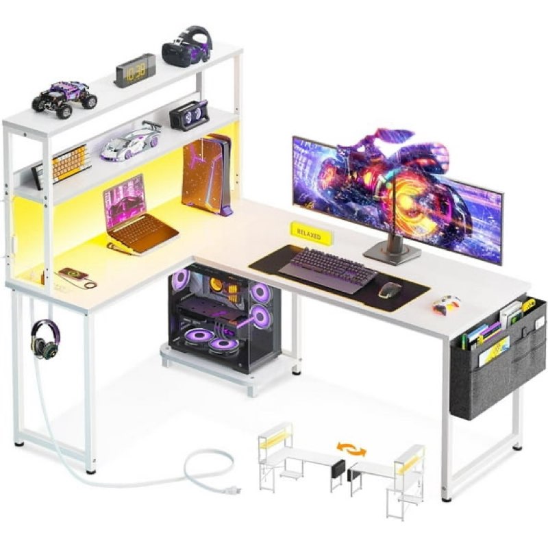ODK 53 Inch L Shaped Desk with LED Lighting, Reversible Gaming Desk with Power Outlets, Cornor Compu
