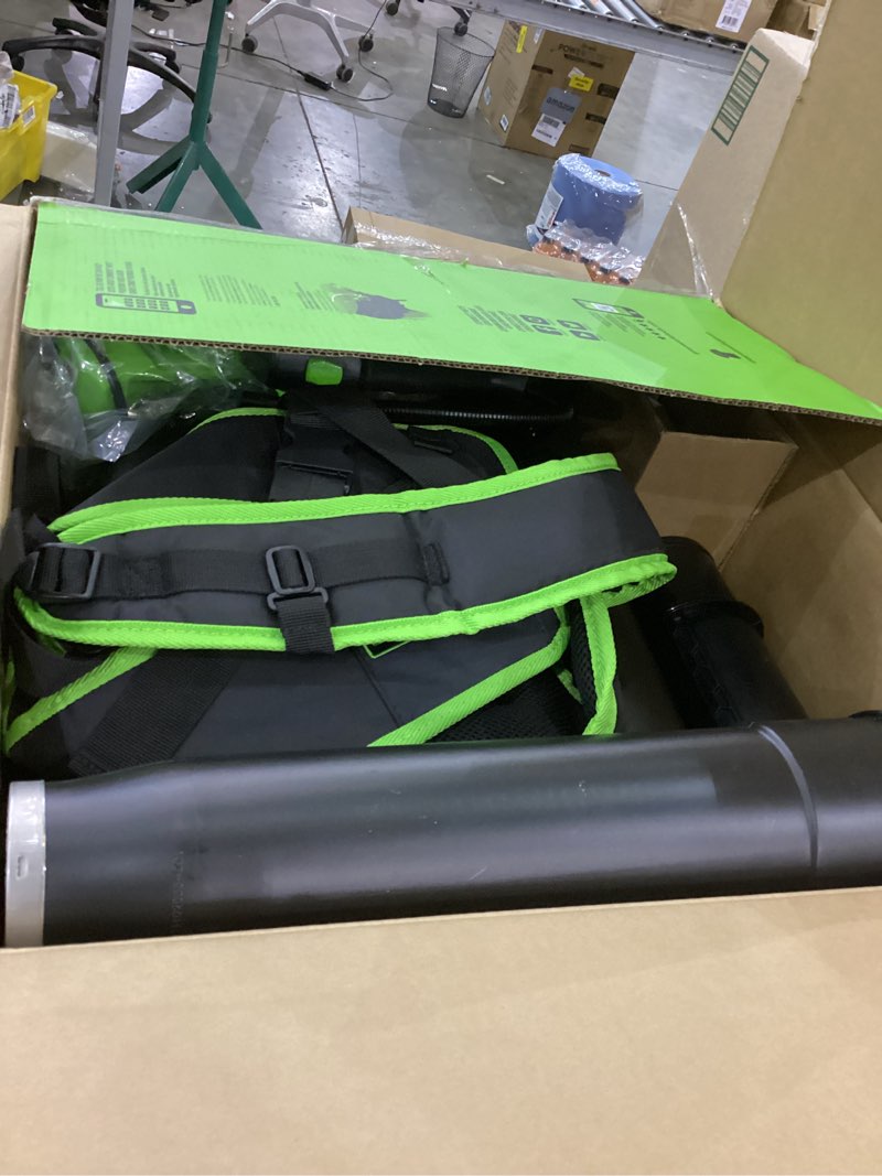 Condition photo showing As Is for Greenworks 80V (180 MPH / 610 CFM / 75+ Compatible Tools) Cordless Brushless Backpack Blower, 2.5Ah Battery and Rapid Charger Included, Green/Black (610 CFM) Backpack Blower, 2.5Ah