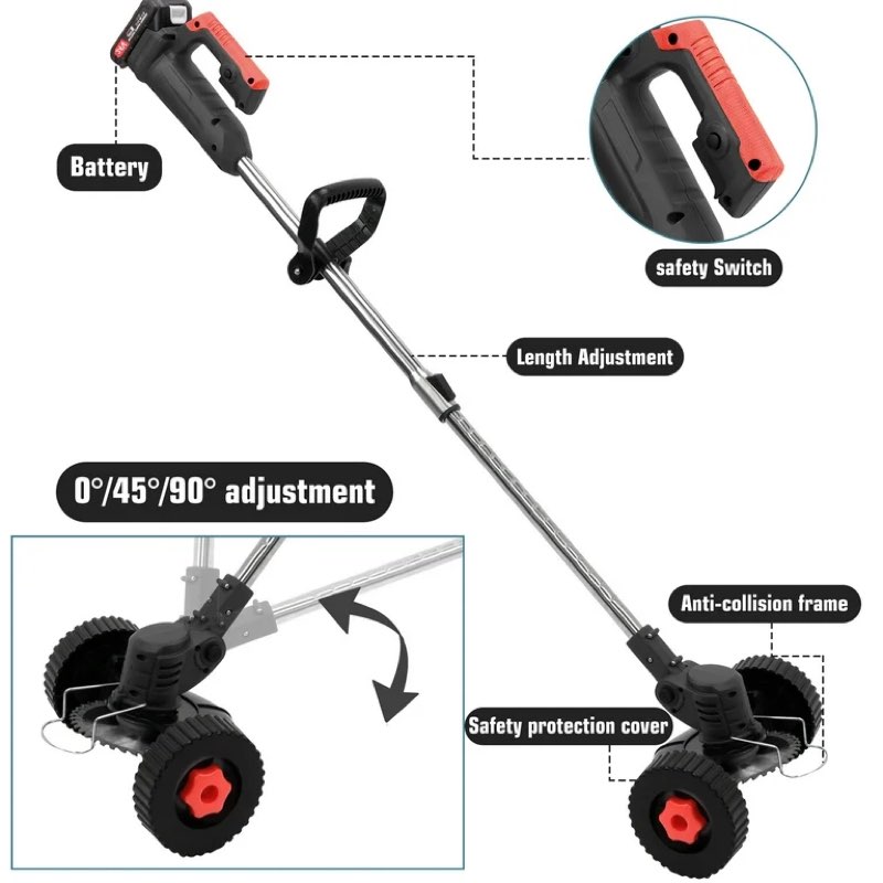 teblint 650w electric weed wacker, cordless string trimmer, weed eater grass trimmer/edger/cutter with wheels, 2pcs 21v batteries, 5 types of blades, adjustable length for lawn yard garden (black)
