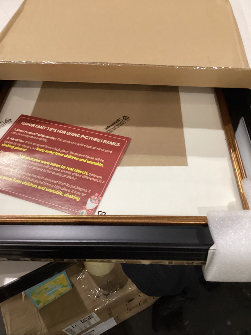 Condition photo showing New/Like New for 12x16 Black Picture Frame, 12 x 16 Photo Frame with Real Glass, Antique Picture Frames for Wall or Tabletop Display, Display Poster 8.5x11 with Mat or 12x16 without Mat for Antique Déco,Black with Gold Trim