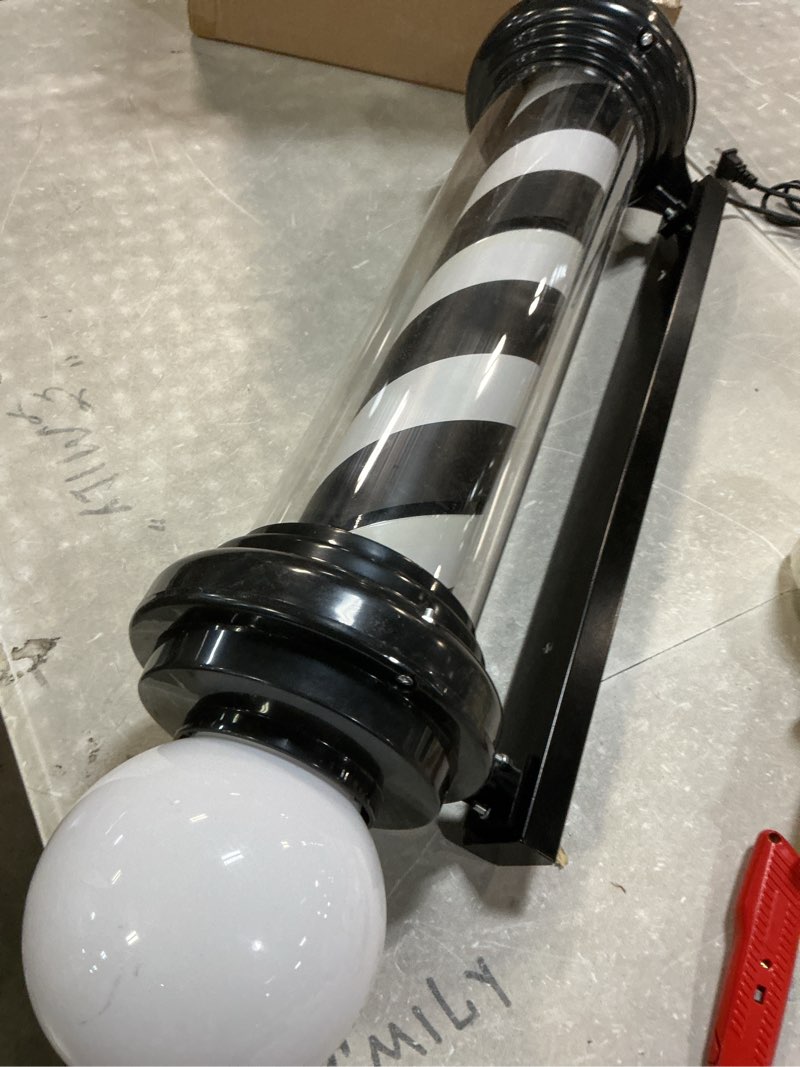 Condition photo showing As Is for 26.8 Inch Barber Pole - LED Rotating Light Fixture with Upper Globe Luminous, Black & White Classic Wall-Mounted Sign for Hair Salon/Barbershop