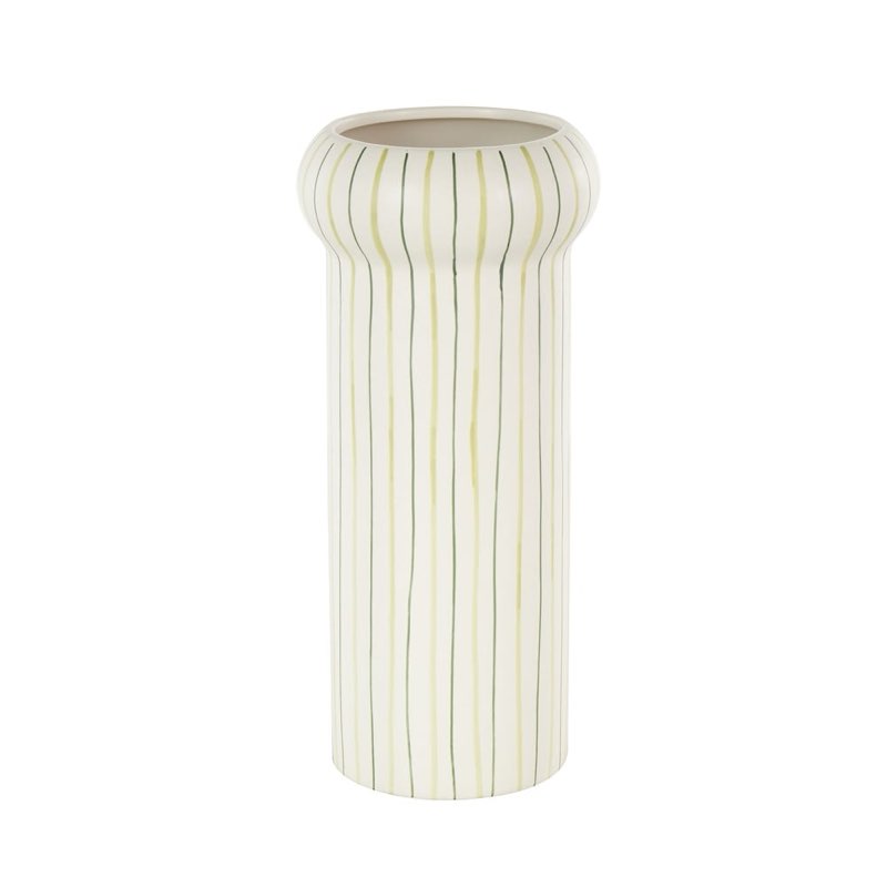 Ceramic Round Decorative Vase with Green Linear Patterns - White - Roche River Decor
