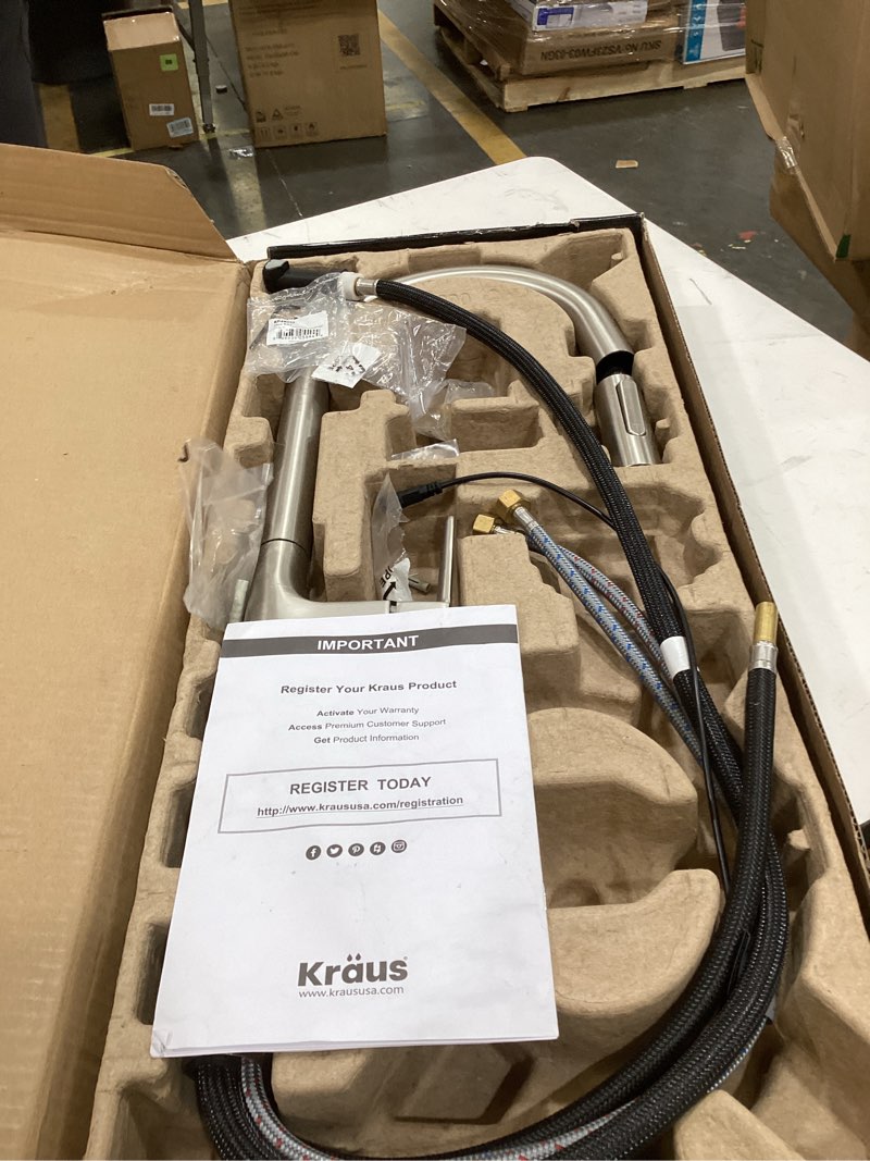 Condition photo showing As Is for kraus oletto tall modern single-handle touch kitchen sink faucet with pull down sprayer in spot free stainless steel, ktf-3101sfs spot free stainless steel tall pull down touch-on faucet