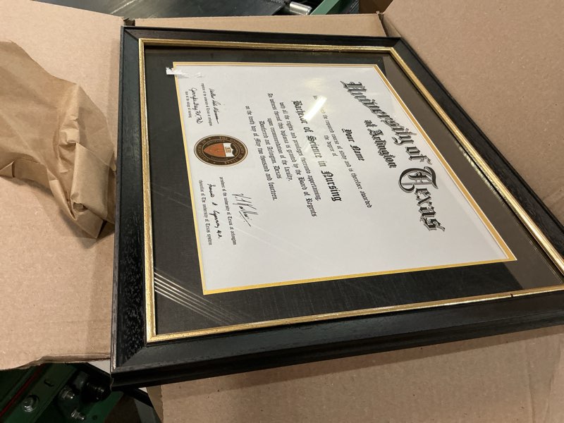 Condition photo showing Good Condition for framepro 11x14 master diploma frame with black over gold mat, 14x17 university certificate frame, real wood with gold trim, black frame with arcylic 11x14 with black over gold mat black