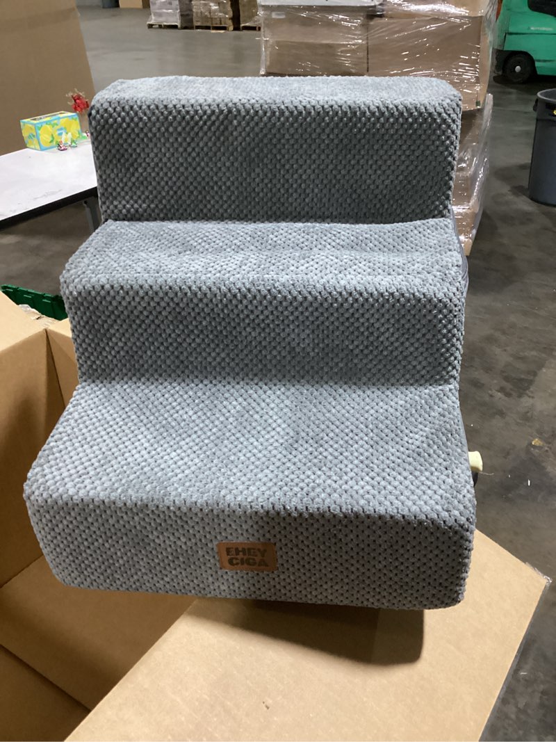Condition photo showing Good Condition for eheyciga dog stairs for small dogs 13.5" h, 3-step dog steps for couch sofa and chair, pet steps for medium cats, non-slip balanced pet ramp indoor, grey