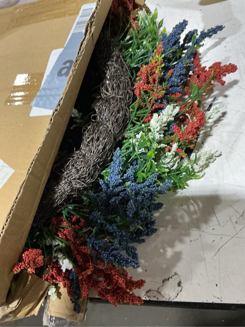 Condition photo showing Good Condition for 20in patriotic wreaths for front door, artificial red white blue faux flowers,patriotic wreath decorations,decor for 4th of july,festival wreath for outdoor,home, office, party wall