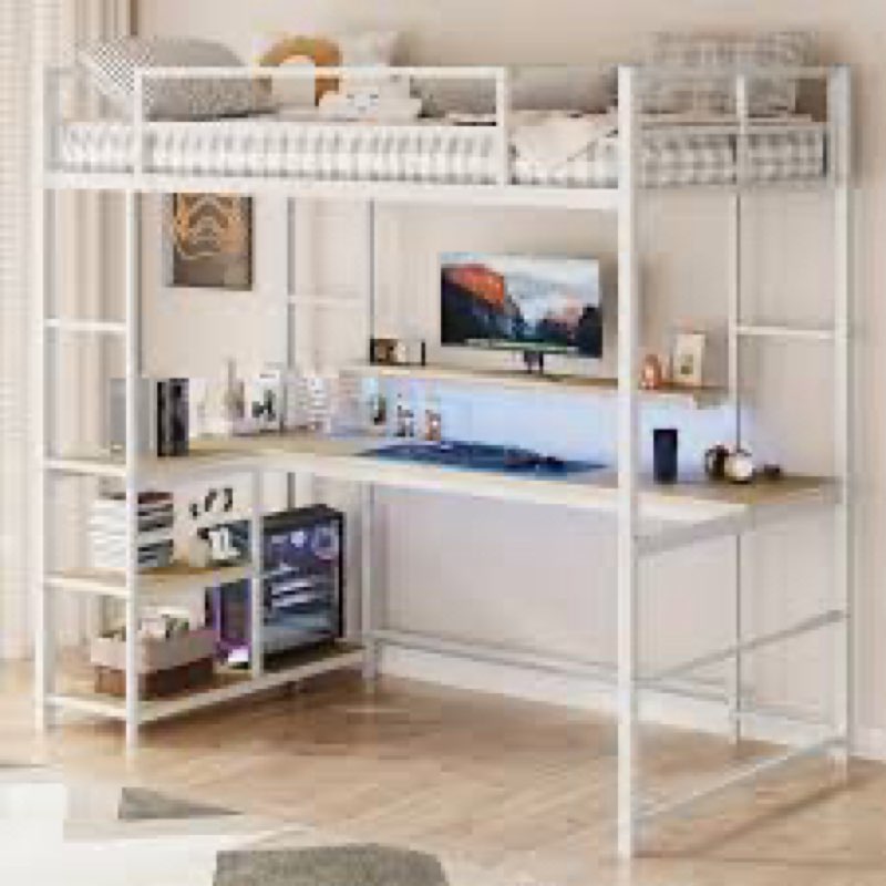 (Incomplete)Tatub Twin Loft Bed with Large L Shape Desk and LED Lights, Metal Loft Bed Frame with Ladder, Adjustable Monitor Stand and Storage Shelves, Space-Saving Bed for Teens, Kids, Adults, white 