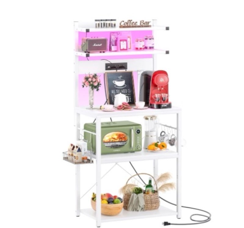 Aheaplus Bakers Rack with Power Outlet, Microwave Stand, 5 Tiers Coffee Bar Station with Led Lights, Kitchen Storage Shelf with 6 S-Shaped Hooks, Kitchen Rack for Spices, Pots and Pans, White