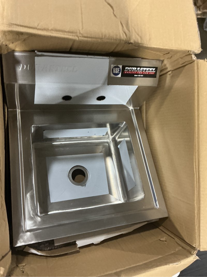 Condition photo showing As Is for durasteel stainless steel sink - nsf commercial wall mount kitchen sink - small hand sink with 12" x 10" x 5.5"d wash basin - with sink strainer and faucet - for laundry, restaurants, bars, and more hand sink 16 x 15 inch w/ faucet
