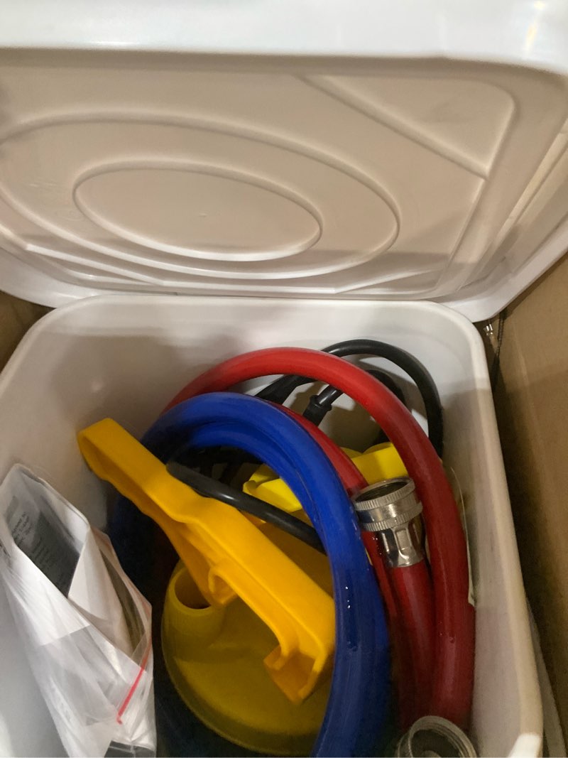Condition photo showing Good Condition for tankless water heater flushing kit, 1/4 hp pump, 2 hoses, 3 gal pail | complete tankless water heater flushing kit with 1/4 hp pump, two 6 ft hoses, 3 gal pail, adapters, washers and lid opener. 0.25 horsepower