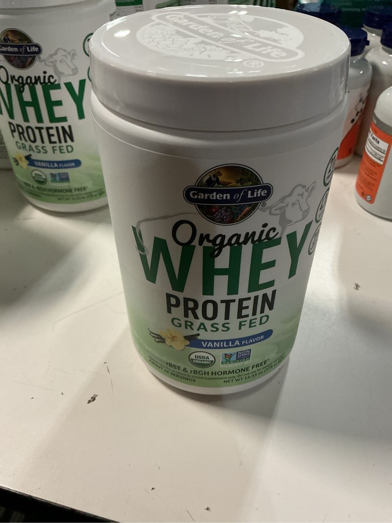 Condition photo showing New/Like New for ( best used by 30 / 04/26) Garden of Life Grass Fed Whey Protein Powder Vanilla - 21g Protein for Women & Men + Probiotics - 12 Servings - Gluten Free, Non GMO, Kosher, Humane, RBST & rBGH Hormone Free