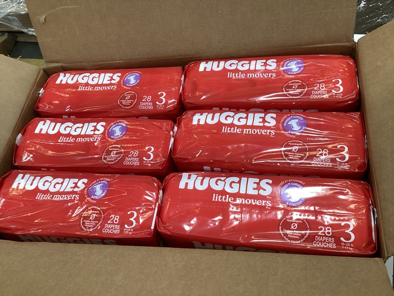 Condition photo showing New/Like New for Huggies Size 3 Diapers, Little Movers Baby Diapers, Size 3 (16-28 lbs), 168 Count (6 Packs of 28), Packaging May Vary