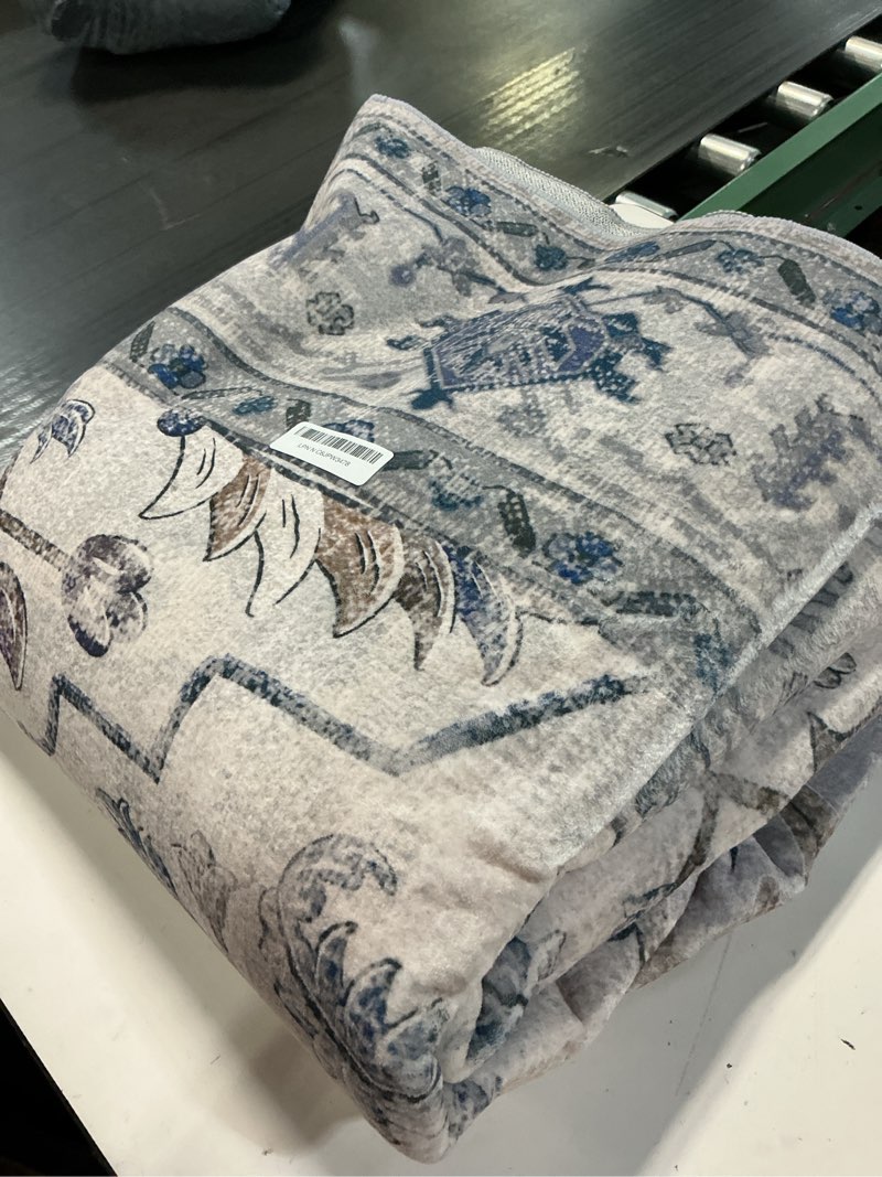 Condition photo showing As Is for area rugs 6'x9' washable non-slip, floral vintage distress print pattern medallion carpet for living room bedroom dining room, light blue navy beige gray white blue/white/gray/purple 6' x 9' (rectangular)
