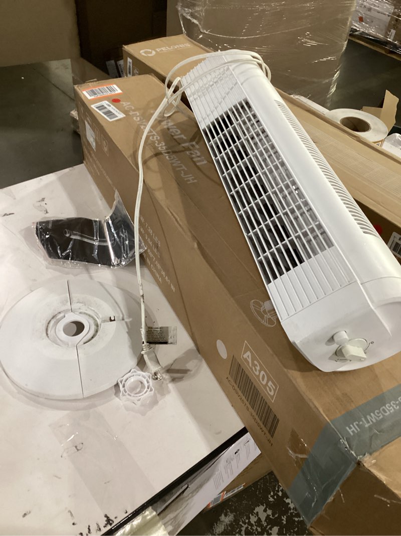 Condition photo showing As Is for newbulig tower fan for bedroom, oscillating standing bladeless fan with remote, 5 speeds & 4 modes, 28db quiet for sleep, 22.3ft/s high velocity, led display, 12h timer, office, home, dorm, white