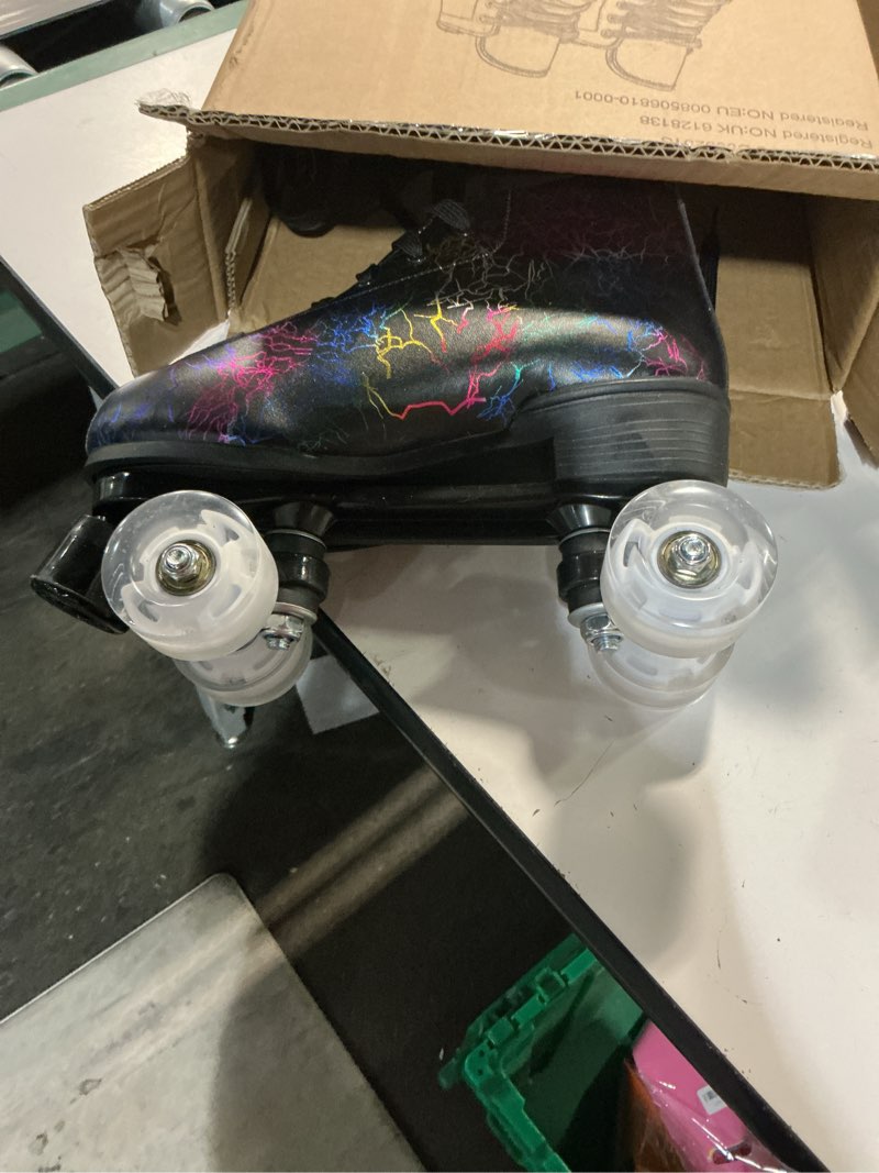 Condition photo showing As Is for Jessie Women's & Men's Zebra Printed High-Top Roller-Skates, Four-Wheel Shiny Roller-Skates for Adult Youth Outdoor, with Shoes Bag Lightning Black Flash 42 - 10.14in - Women's 9 / Men's 8