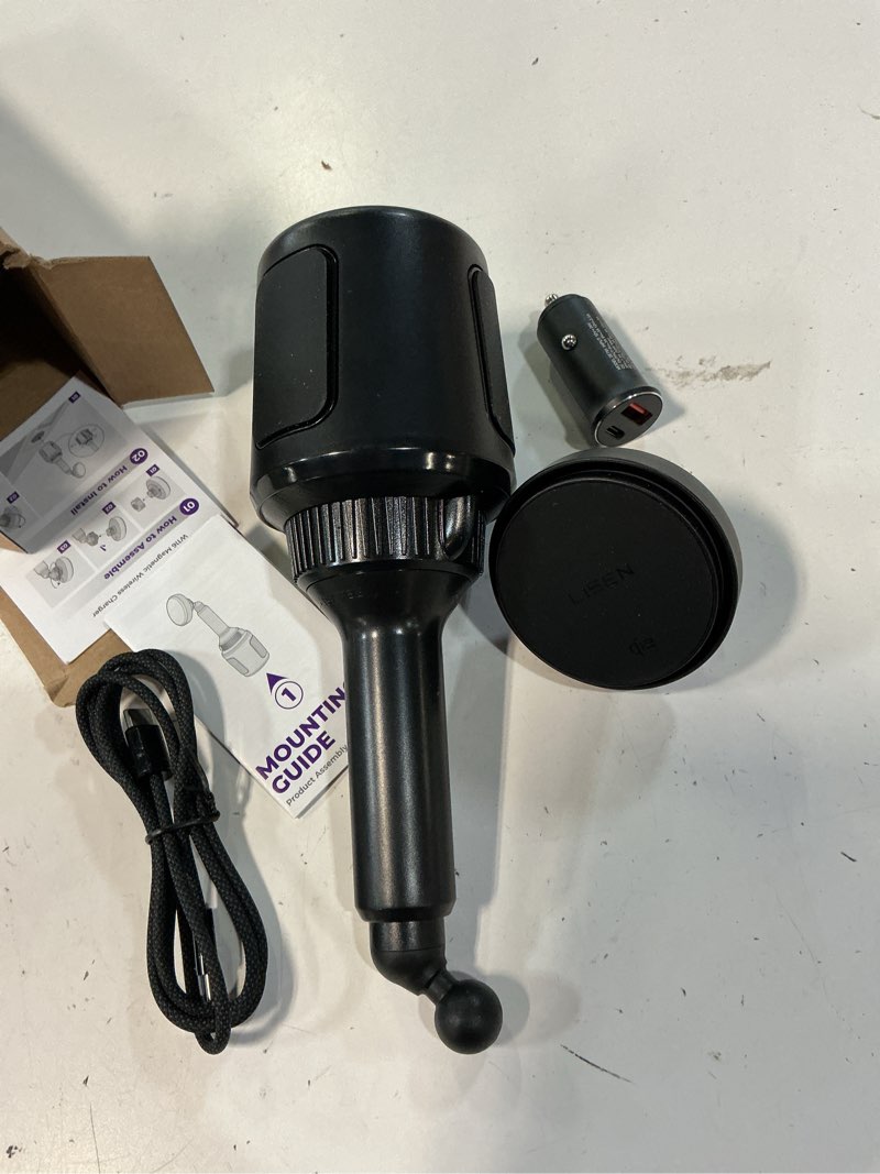 Condition photo showing As Is for lisen for qi2.2 25w magsafe car mount charger cup holder mount, [designed for iphone] cooling magnetic wireless car charger, cup holder phone holders 25w for iphone 17 16, 15w for iphone 15 14 13 12 cup holder phone mount