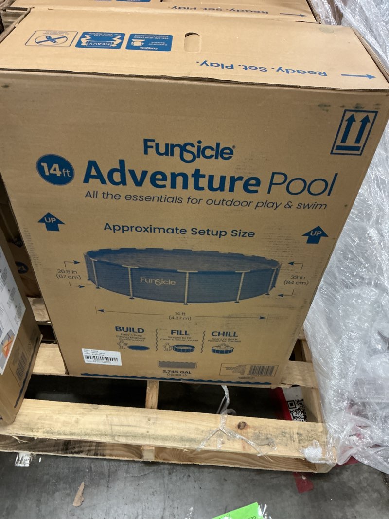 Condition photo showing New/Like New for funsicle 14ft adventure above ground metal frame swimming pool, includes filtraboost™ 800s pump with autoskimmer, round, age 6 & up