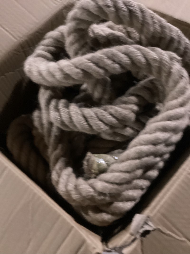 Condition photo showing New/Like New for jute rope 1 1/2 inch 50 feet, heavy duty natural hemp ropes, twisted hemp rope for crafts, gardening, bundling, climbing, hammock, nautical, tug of war, railings, home decorating 50ft 1-1/2 inch