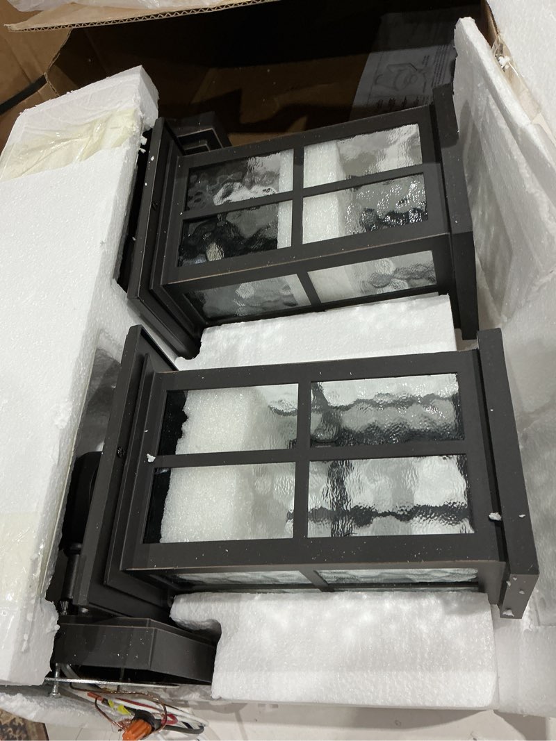 Condition photo showing Good Condition for fledavid 2 pack motion sensor outdoor porch lights dusk to dawn exterior wall lantern black outside sconce lighting fixtures waterproof wall mount coach lamp for house garage patio entryway black(gold trim) 2-pack