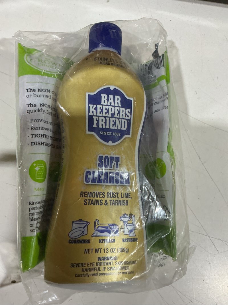 Condition photo showing Good Condition for bar keepers friend soft cleanser liquid (13 oz) and non scratch scouring scrubber kit | multipurpose, stainless steel, rust, soft cleaner with heavy duty non scratch dishcloth