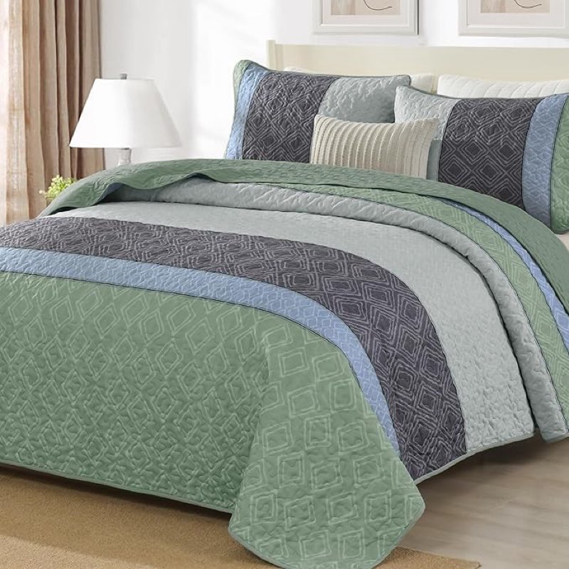 Cottolester Boho King Quilt Set,Striped Plaid Bedspread Coverlet Set,Grey Green Bedding Set Soft Mic