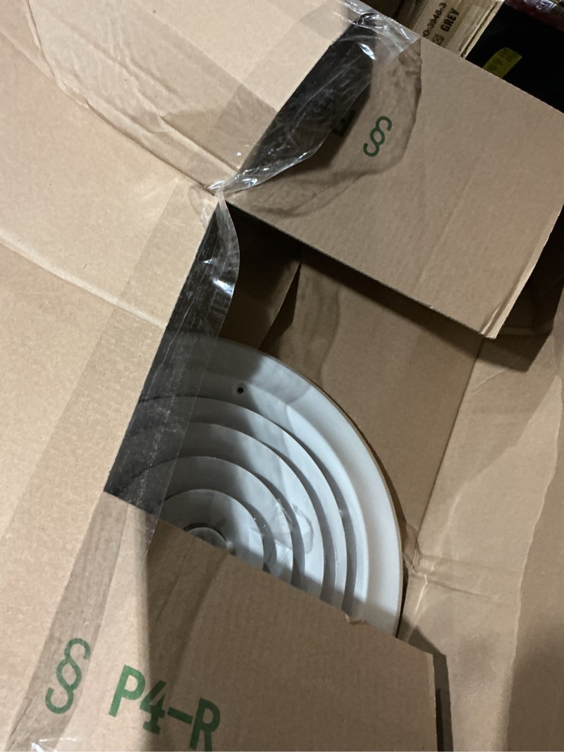 Condition photo showing As Is for HBW 10" Round Ceiling Diffuser White Powder Coated with Outside Dimension of 14" Fitting in 10" Duct