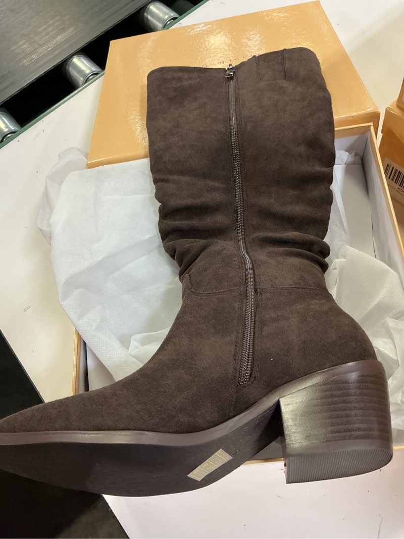 Condition photo showing New/Like New for knee high boots women classic chunky heel pointed toe tall boots for women low heel side zipper folds boots 6 brown