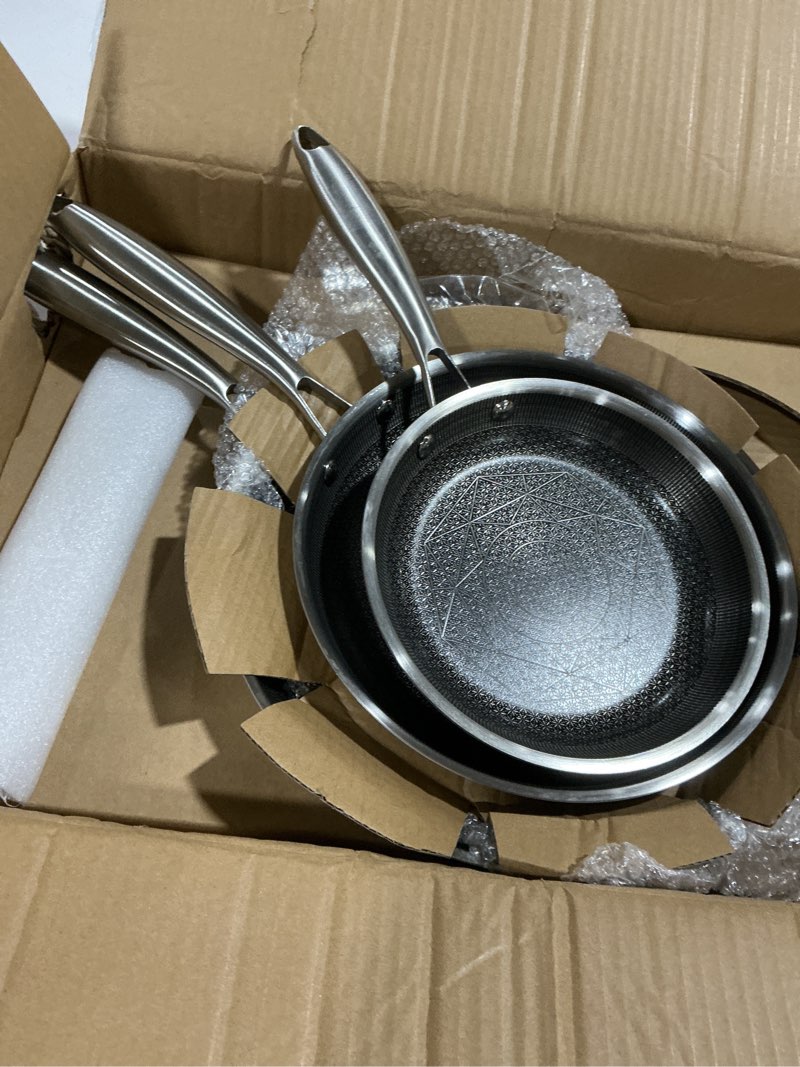 Condition photo showing As Is for COOKER KING Non-toxic Frying Pans Set of 3 (8+10+12 Inch), Tri Ply Stainless Steel Pans, Induction Pan Set, Chef's Pan, Skillets Dishwasher & Oven Safe, Stay-Cool Handles, Compatible with All Cooktops Stainless Steel 8+10+12 Inch
