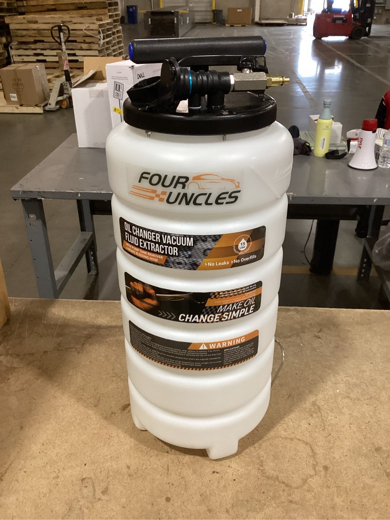 Condition photo showing As Is for four uncles 6.5l oil extractor - pneumatic/manual vacumm fluid extractor with pump tank remover & 5 tubes for oil change and a brake bleeding hose for brake fluid change 6.5l manual/pneumatic new
