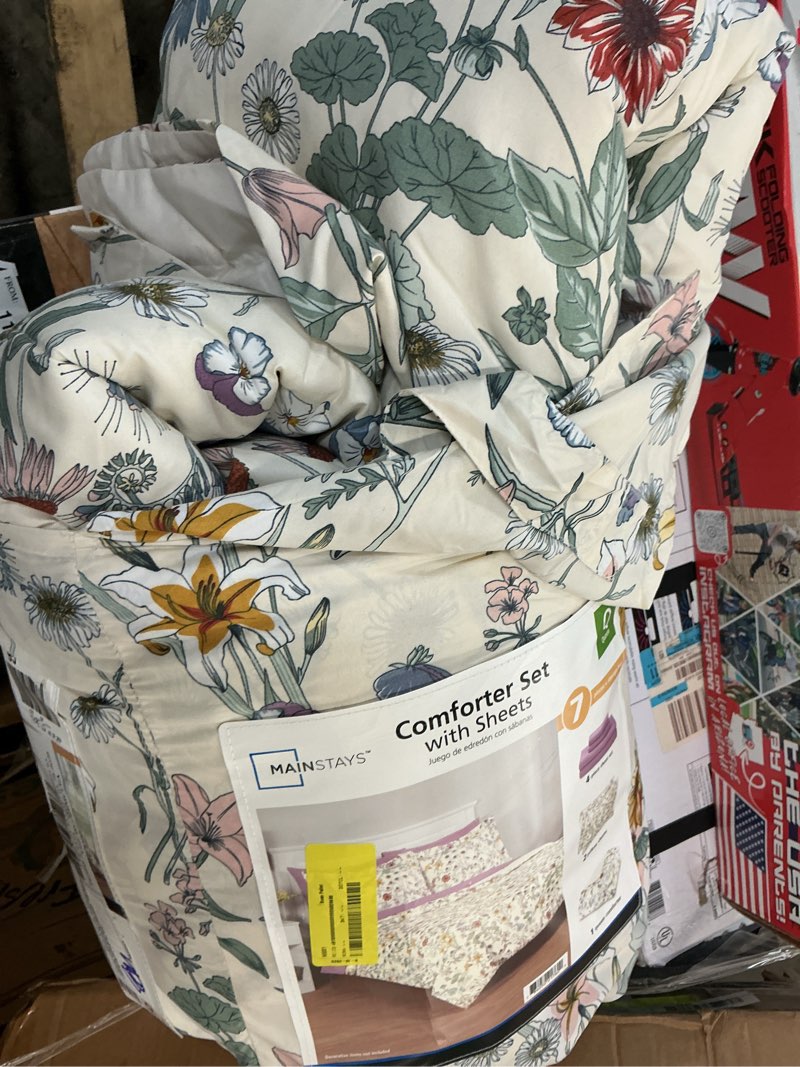 Condition photo showing As Is for mainstays 7-piece reversible bed in a bag comforter set with sheets, white multi floral, queen