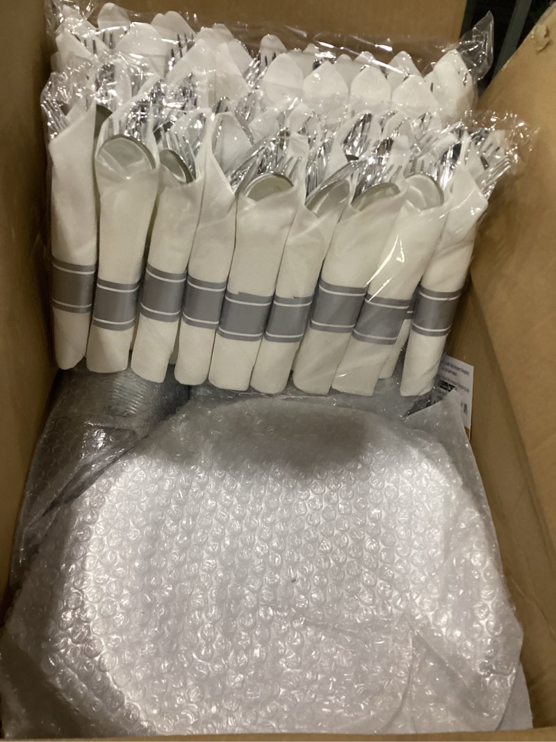 Condition photo showing New/Like New for goodluck 350 piece silver plastic dinnerware set for 50 guests, fancy disposable plates for party, include: 50 dinner plates, 50 dessert plates, 50 pre rolled napkins with silver silverware, 50 cups silver 350 piece (50 guests)