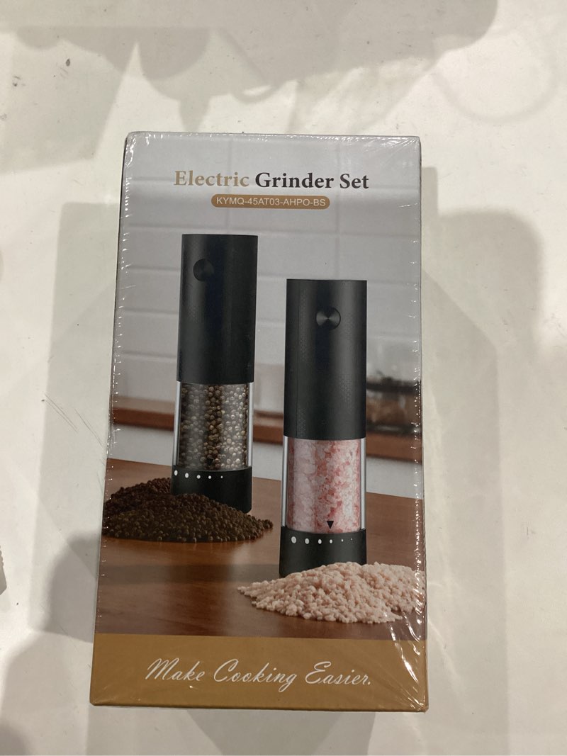 Condition photo showing New/Like New for electric salt and pepper grinder set - rechargeable automatic salt and pepper shakers, kitchen appliances with external adjustable coarseness, larger hopper for cooking, home gifts(2 pack,black/black)