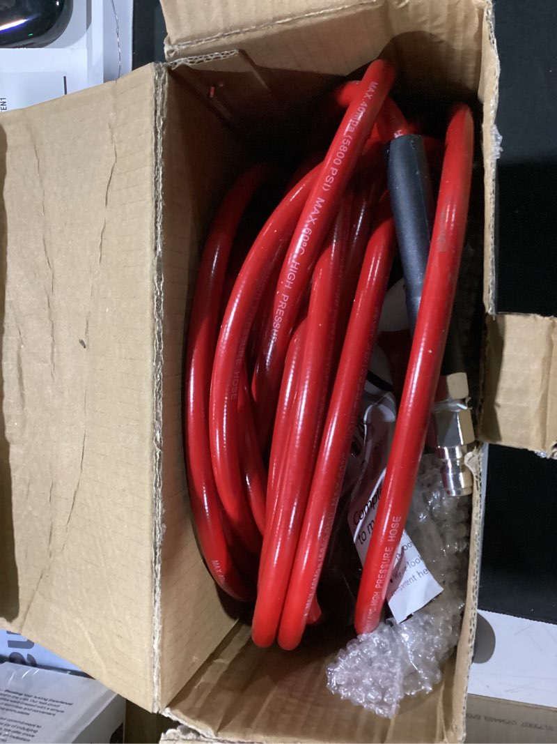 Condition photo showing Good Condition for sewer jetter kit for pressure washer 50 ft, drain cleaner hose with power washer gun, 1/4 inch npt corner, rotating and button nose sewer jetting nozzle,waterproof tape, pearl corsage pin, spanner 50ft with gun