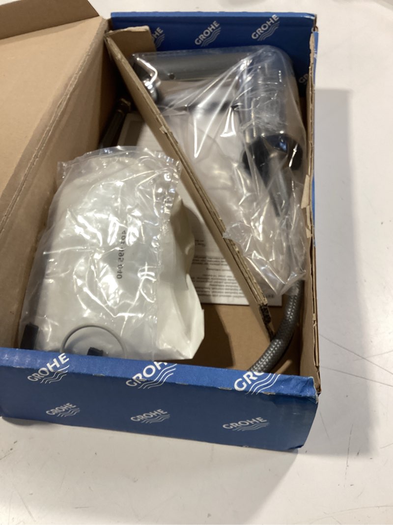 Condition photo showing As Is for grohe 36467000 bau cosmopolitan e touchless electronic faucet with temperature control lever, battery-powered, dc, starlight chrome temp lever dc power