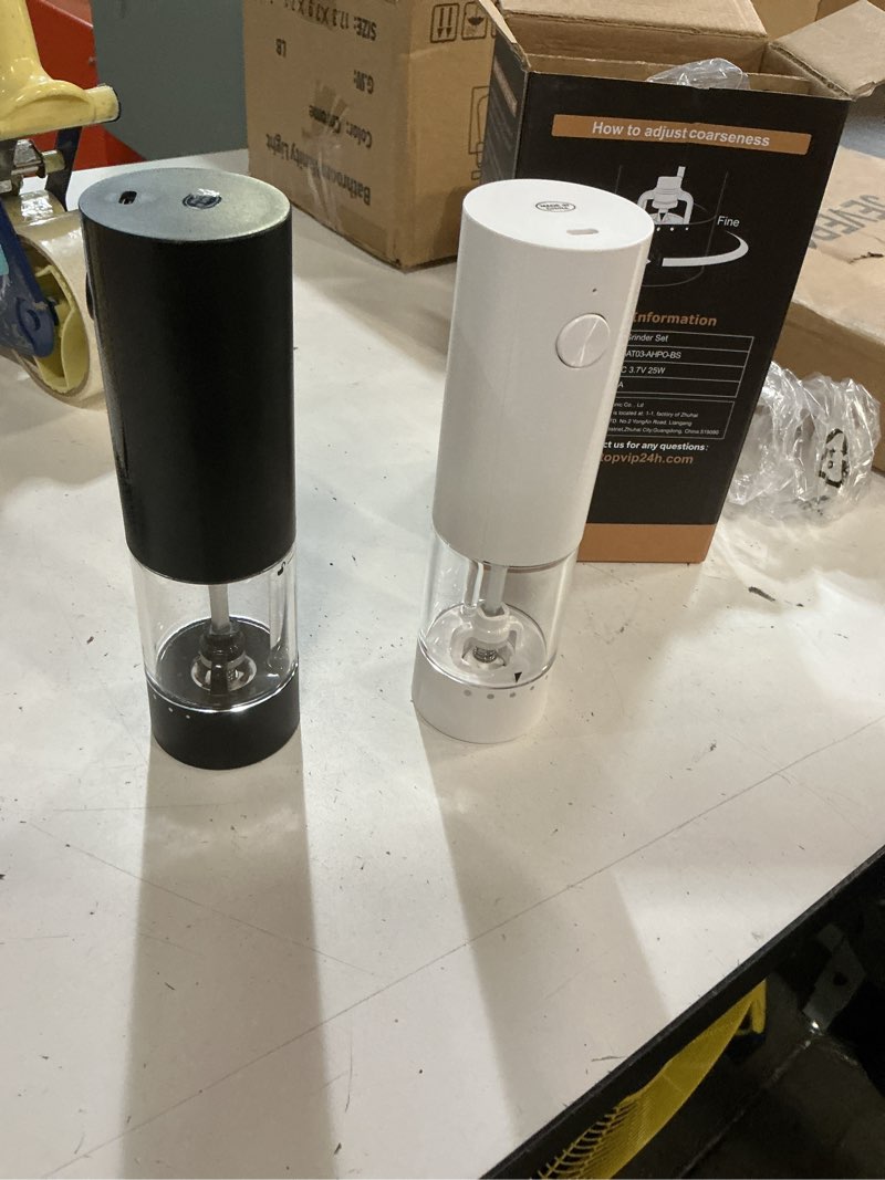 Condition photo showing As Is for electric salt and pepper grinder set - rechargeable automatic salt and pepper shakers, kitchen appliances with external adjustable coarseness, larger hopper for cooking, home gifts(2 pack,black/white)