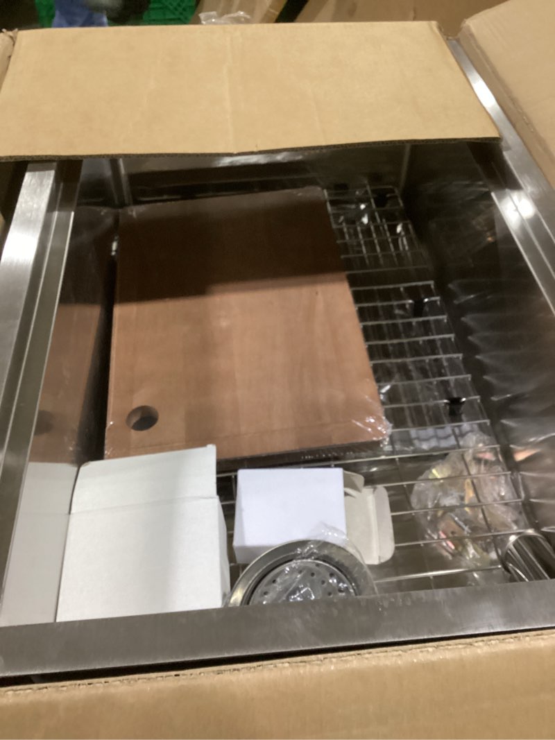 Condition photo showing Good Condition for Kitchen Sink Workstation, 27x18 Inch Stainless Steel Drop In Kitchen Sink Modern Undermount Single Bowl Kitchen Sink Gift Combo-SS Grid,Drying Rack,Cutting Board,Sink Clip, Drain Strainer Set