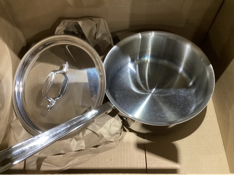 Condition photo showing As Is for All-Clad D3 3-Ply Stainless Steel Sauce Pan with Lid 3 Quart, Induction, Oven Broiler Safe 600F, Multipurpose, Compatible w/ All Cooktops, For Restaurant or Home Kitchen, Pots & Pans, Cookware, Silver 3 Quarts