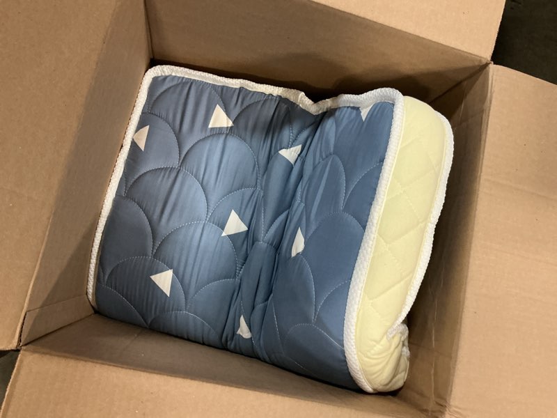 Condition photo showing As Is for mini crib mattress 38" x 24" x 4"- firm support and comfort premium foam,noiseless and odorless,hypoallergenic mini crib mattress,fits mini and portable cribs,dual sided with soft breathable fabric starry sky blue 38x24x4