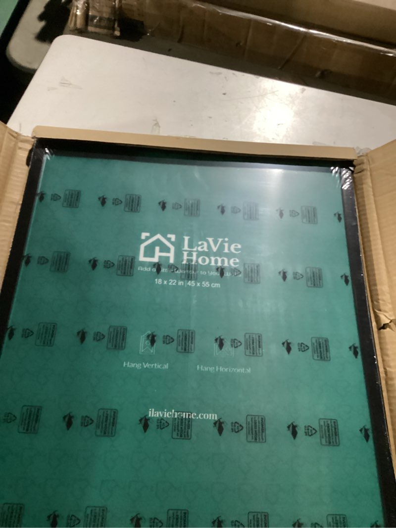 Condition photo showing As Is for lavie home 18x22 picture frame for wall display, 18x22 black picture frame with hd plexiglas, 18 x 22 photo frame 1 pack, display frame for vertical or horizontal, classic collection black 18x22 1
