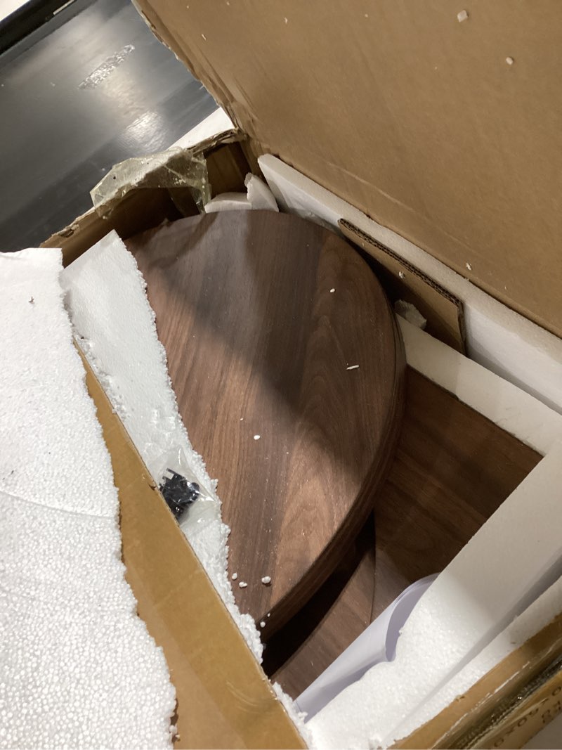 Condition photo showing As Is for Round Side End Table - Wood Accent Coffee Table for Living Room, Modern Circle Nightstand with Pedestal for Small Spaces Bedroom Sofa, Vintage Corner Couch Bedside Table (Rustic Brown)